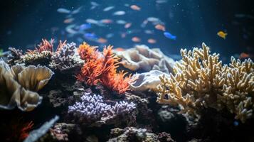 ai gegenereerd een onderwater- tafereel met levendig koralen en een verscheidenheid van vis zwemmen sierlijk. generatief ai foto