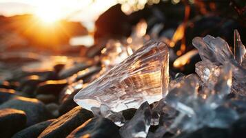 ai gegenereerd een kristal Aan rotsen Bij zonsondergang, met levendig kleuren reflecterend uit haar oppervlak. generatief ai foto