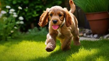 ai gegenereerd een speels puppy darts door groen gras in een tuin, genieten van de zonneschijn. generatief ai foto