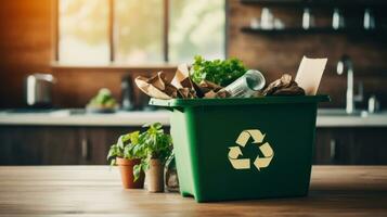 ai gegenereerd recycling bak Aan keuken tafel. generatief ai foto