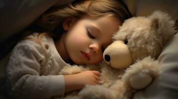 ai gegenereerd een gelukkig weinig meisje slapen degelijk met haar teddy beer door haar kant. generatief ai foto