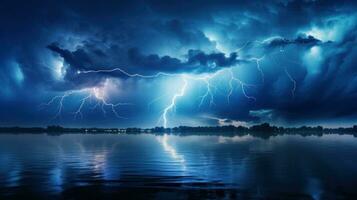 een dramatisch bliksem storm verlicht de water, vergezeld door donker wolken en zwaar regen. generatief ai foto