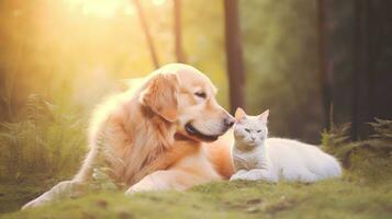 ai gegenereerd kat en hond tonen vriendschap Aan weelderig groen gras. generatief ai foto