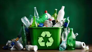 ai gegenereerd een recycling bak gevulde met plastic flessen en divers artikelen, bevorderen milieu duurzaamheid. generatief ai foto