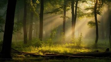 ai gegenereerd de zon stralen filteren door de bomen in een sereen Woud, creëren een mooi Speel van licht en schaduwen. generatief ai foto