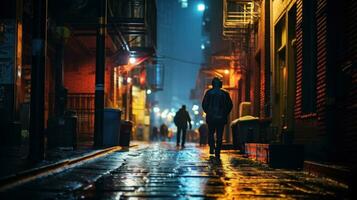 ai gegenereerd mensen wandelen Aan een regenachtig straat Bij nacht. generatief ai foto