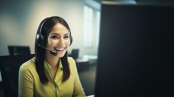 ai gegenereerd een vrouw vervelend een koptelefoon, werken in een kantoor omgeving, het verstrekken van klant ondersteuning of innemend in een telefoon gesprek. generatief ai foto