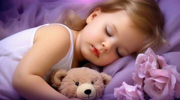 ai gegenereerd een gelukkig weinig meisje slapen degelijk met haar teddy beer door haar kant. generatief ai foto