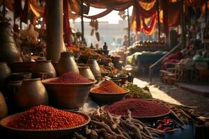 ai gegenereerd reizen Arabisch ingrediënt kruid Marokko winkel op te slaan bazaar souk uitverkoop kerrie markt voedsel foto