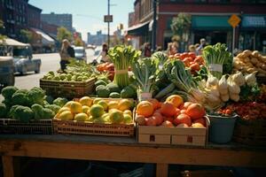 ai gegenereerd winkel voedsel kraam biologisch markt rood vers vegetarisch gezond versheid lokaal kruidenier foto