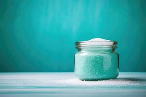 ai gegenereerd lepel biologisch zout behandeling wit kristal ingrediënt detailopname natuurlijk voedsel tafel blauw foto