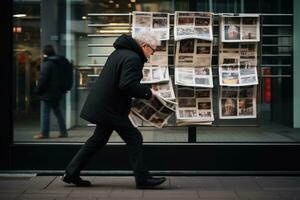 ai gegenereerd logboek druk op nieuws communicatie media straat kiosk stad krant- bedrijf foto