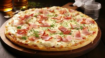 ai gegenereerd bloemloos pizza met ham en room foto