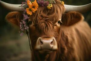 ai gegenereerd bruin koe met bloemen. genereren ai foto