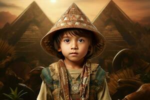 ai gegenereerd dapper aztec kind jongen oud piramide. genereren ai foto