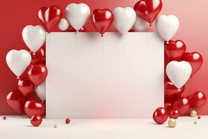 ai gegenereerd valentijnsdag dag mockup met hart vormig ballonnen drijvend Aan een gemakkelijk achtergrond in glimmend rood, glad wit, en metalen goud tonen foto