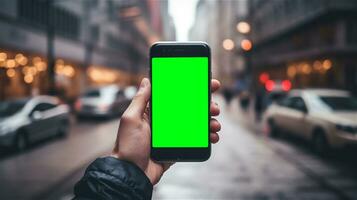 ai gegenereerd Aan de straat, een subjectief kijken Bij de telefoon met groene scherm naar uitwisseling de inhoud van de scherm foto