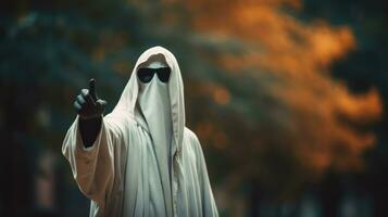 ai gegenereerd persoon in halloween kostuum van geest met zonnebril points weg. foto