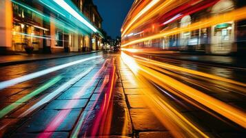 ai gegenereerd een levendig stad straat gevulde met levendig lichten Bij nacht. generatief ai foto