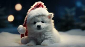 ai gegenereerd aanbiddelijk puppy in sneeuw met feestelijk Kerstmis boom lichten foto