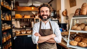 ai gegenereerd zelfverzekerd bakker glimlacht naast vers gebakken ambachtelijk brood foto