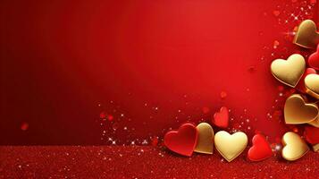 ai gegenereerd gouden confetti en roze harten Aan een rood achtergrond, kopiëren ruimte. achtergrond van valentijnsdag dag concept. foto