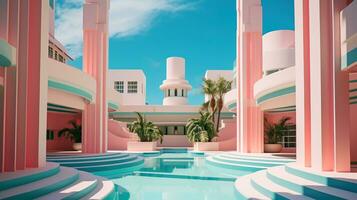 ai gegenereerd generatief ai, surrealistische Miami stad met deco retro gebouwen, roze en blauw kleuren, zomer gevoel foto