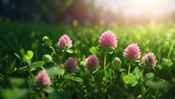 ai gegenereerd levendig bloesems in een zonovergoten tuin, omringd door weelderig gebladerte foto