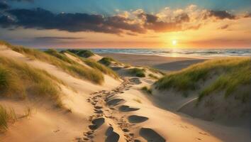 ai gegenereerd zonsondergang strand en zand duinen foto
