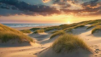 ai gegenereerd zonsondergang strand en zand duinen foto