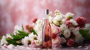 ai gegenereerd roze wijn fles rozen chrysant ai gegenereerd mockup foto