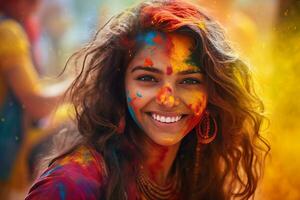 ai gegenereerd portret van een jong vrouw Bij de holi festival, uitdrukken vreugde. ai generatief. foto