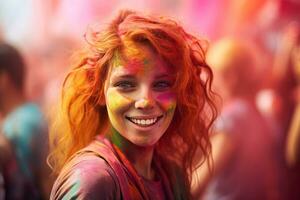 ai gegenereerd portret van een jong vrouw Bij de holi festival, uitdrukken vreugde. ai generatief. foto