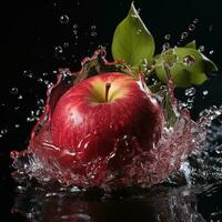 ai gegenereerd appel viel in de water met spatten zwart achtergrond foto