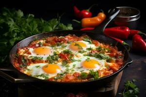 ai gegenereerd Shakshuka in een frituren pan Aan een zwart achtergrond. foto