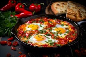 ai gegenereerd Shakshuka in een frituren pan Aan een zwart achtergrond. foto