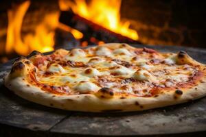 ai gegenereerd heet pizza in de oven Aan een houten bord. brand in de achtergrond foto
