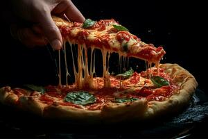 ai gegenereerd heet pizza in de oven Aan een houten bord. brand in de achtergrond foto