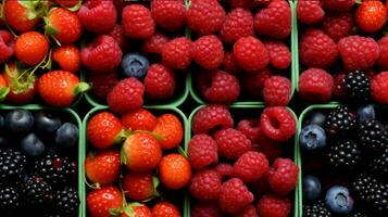 ai gegenereerd kleurrijk mengen van vers bessen in kommen. frambozen, bosbessen, bramen, frambozen gegenereerd met ai foto