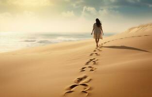 ai gegenereerd vrouw wandelen langs de strand met voetafdruk in de zand foto