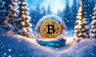 ai gegenereerd sneeuw wereldbol met gouden bitcoin Aan winter Woud achtergrond. foto