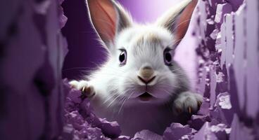 ai gegenereerd deze grijs en wit konijn is ontsnappen een Purper muur foto
