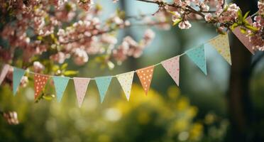 ai gegenereerd sommige vlaggedoek Aan een boom gedurende een voorjaar dag foto