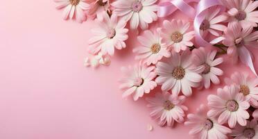 ai gegenereerd roze lint en roze madeliefjes met wit bloemen Aan roze achtergrond foto