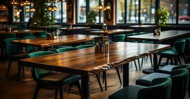 ai gegenereerd leeg houten tafels in een Open cafe foto