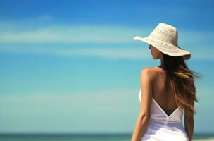 ai gegenereerd vrouw model- in heet Aan strand met wit hoed strand slijtage foto