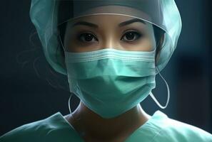 ai gegenereerd vrouw chirurg met chirurgisch masker foto