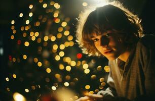 ai gegenereerd schattig weinig meisje op zoek Bij camera in voorkant van Kerstmis boom foto