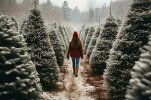 ai gegenereerd een meisje in een rood hoed wandelingen langs de pad tussen de Kerstmis bomen boerderij. foto