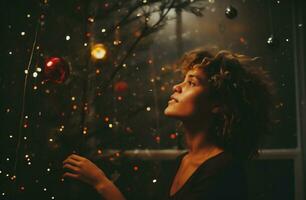 ai gegenereerd mooi jong vrouw met gekruld haar- en Kerstmis ballen in de buurt de venster foto